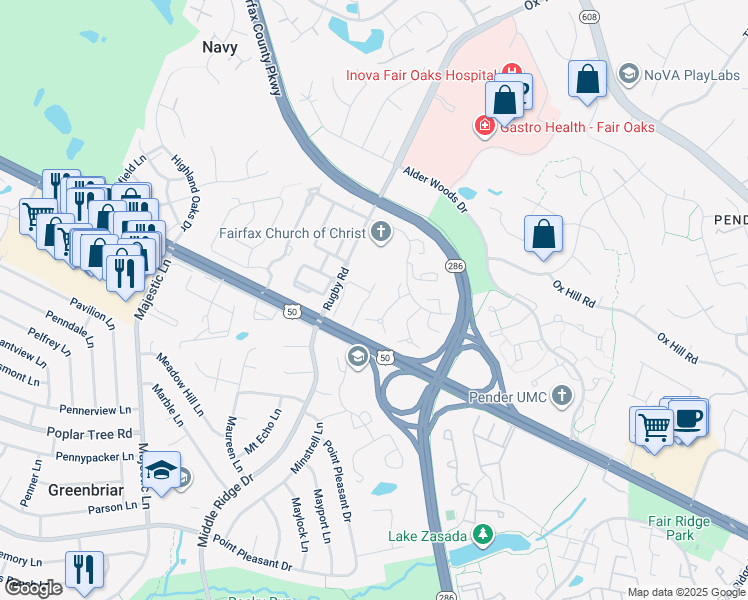 map of restaurants, bars, coffee shops, grocery stores, and more near 3999 Topsham Square in Fairfax
