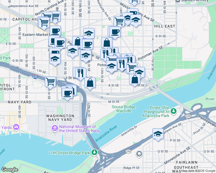 map of restaurants, bars, coffee shops, grocery stores, and more near 101 Independence Avenue Southeast in Washington