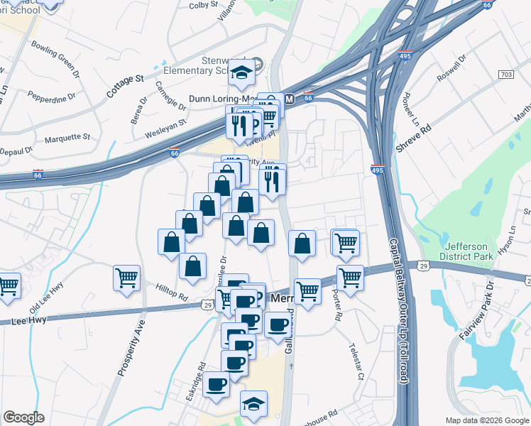 map of restaurants, bars, coffee shops, grocery stores, and more near 2754 Gallows Road in Vienna