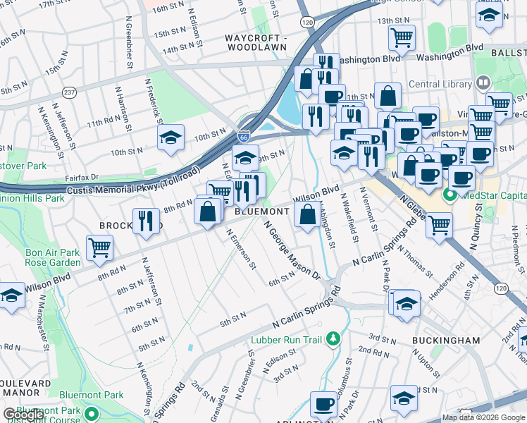 map of restaurants, bars, coffee shops, grocery stores, and more near North George Mason Drive & Wilson Boulevard in Arlington