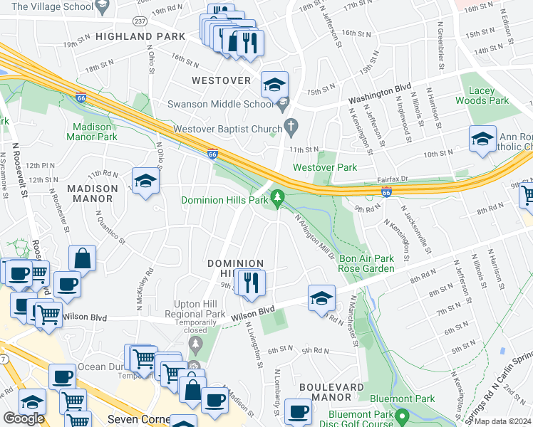 map of restaurants, bars, coffee shops, grocery stores, and more near 5913 10th Road North in Arlington