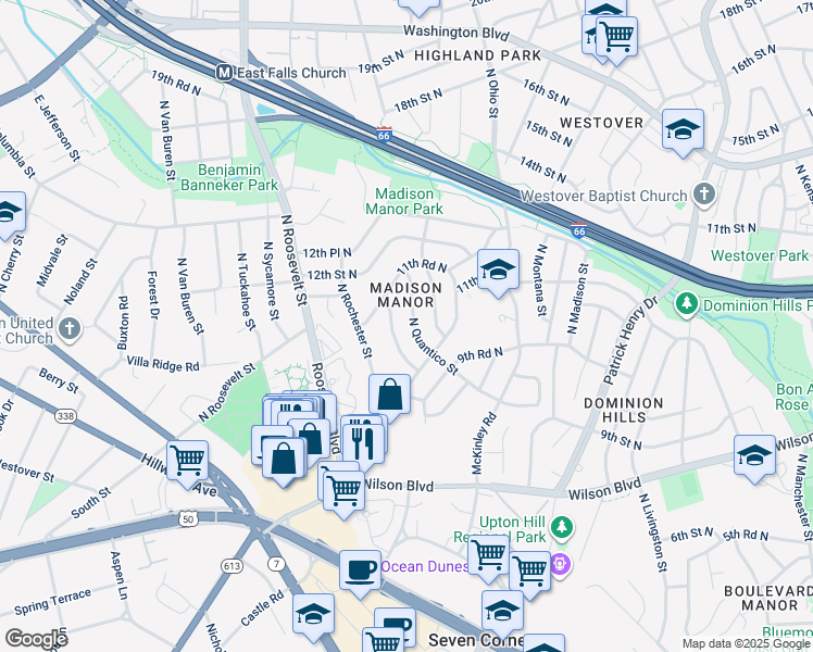 map of restaurants, bars, coffee shops, grocery stores, and more near 992 North Quantico Street in Arlington