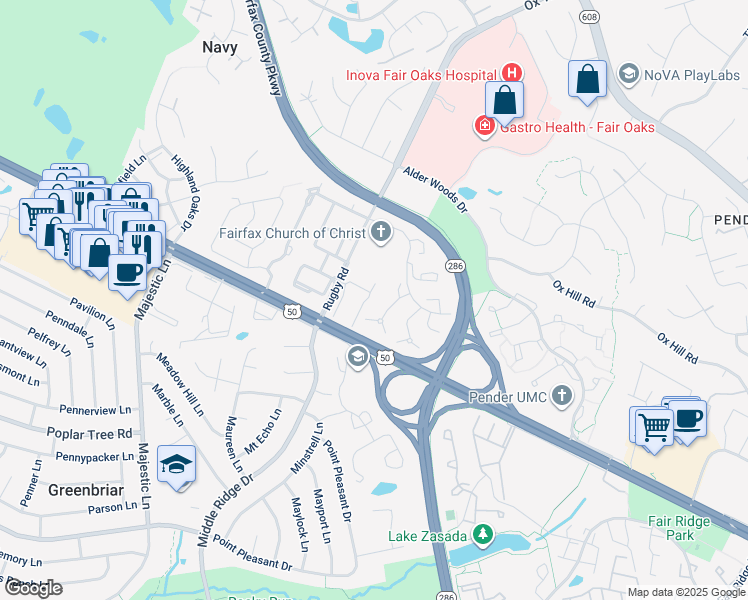 map of restaurants, bars, coffee shops, grocery stores, and more near 3999 Topsham Square in Fairfax