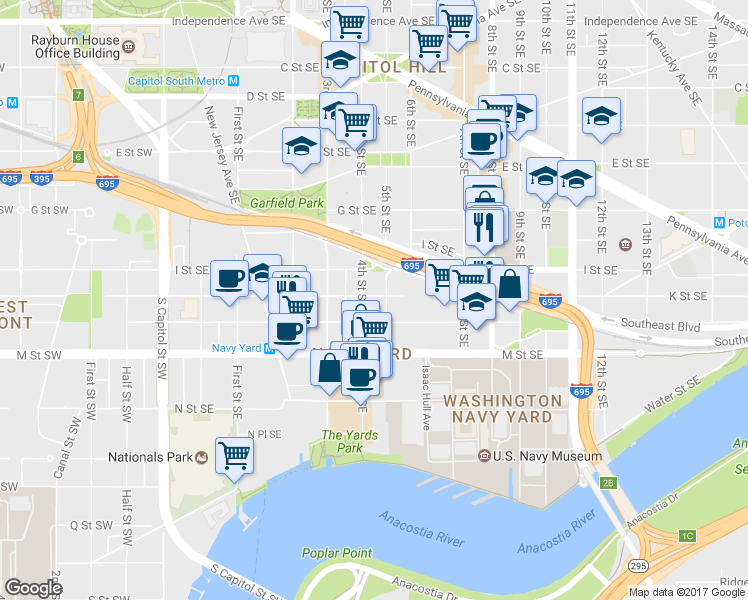 map of restaurants, bars, coffee shops, grocery stores, and more near 417 K Street Southeast in Washington