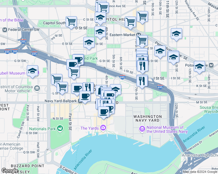 map of restaurants, bars, coffee shops, grocery stores, and more near 411 K Street Southeast in Washington