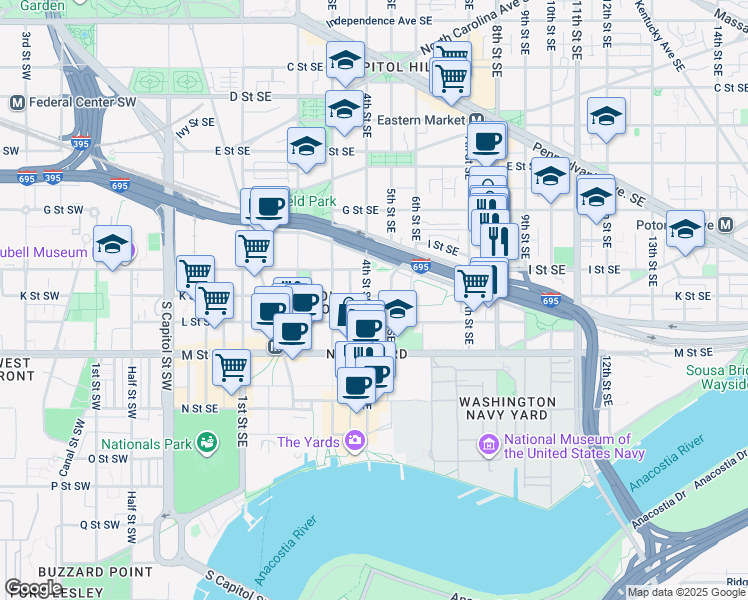 map of restaurants, bars, coffee shops, grocery stores, and more near 409 K Street Southeast in Washington