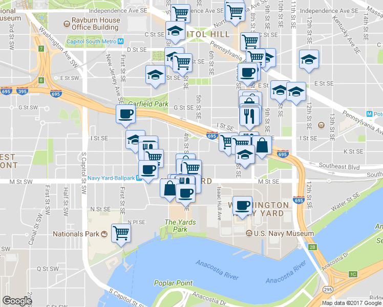 map of restaurants, bars, coffee shops, grocery stores, and more near 413 K Street Southeast in Washington