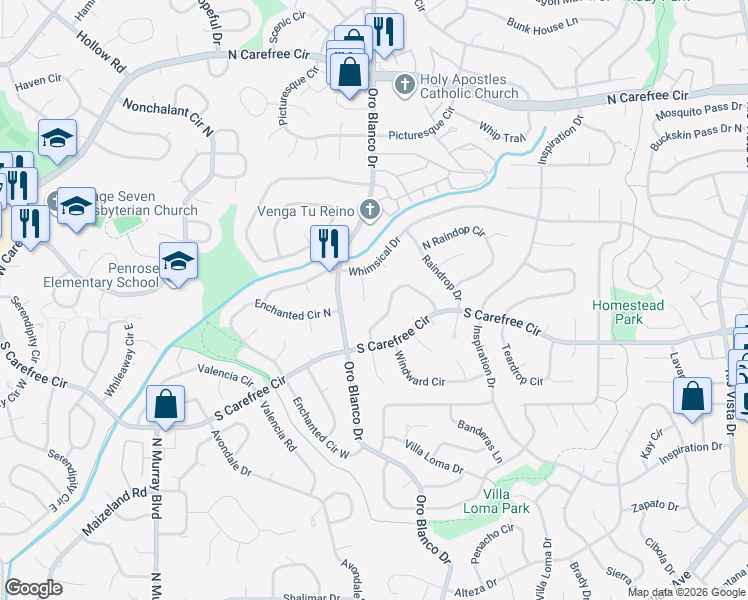 map of restaurants, bars, coffee shops, grocery stores, and more near 3235 Whimsical Place in Colorado Springs