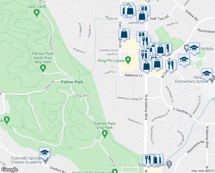 map of restaurants, bars, coffee shops, grocery stores, and more near 3460 Parkmoor Village Drive in Colorado Springs