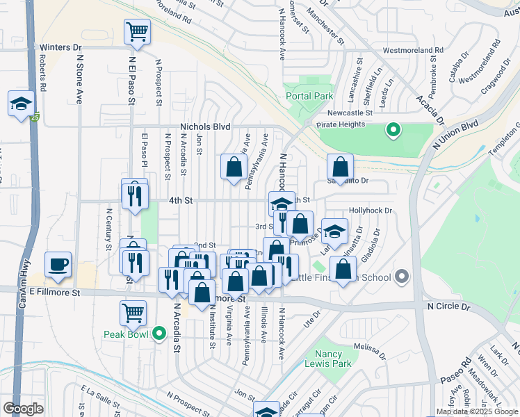 map of restaurants, bars, coffee shops, grocery stores, and more near 1203 4th Street in Colorado Springs