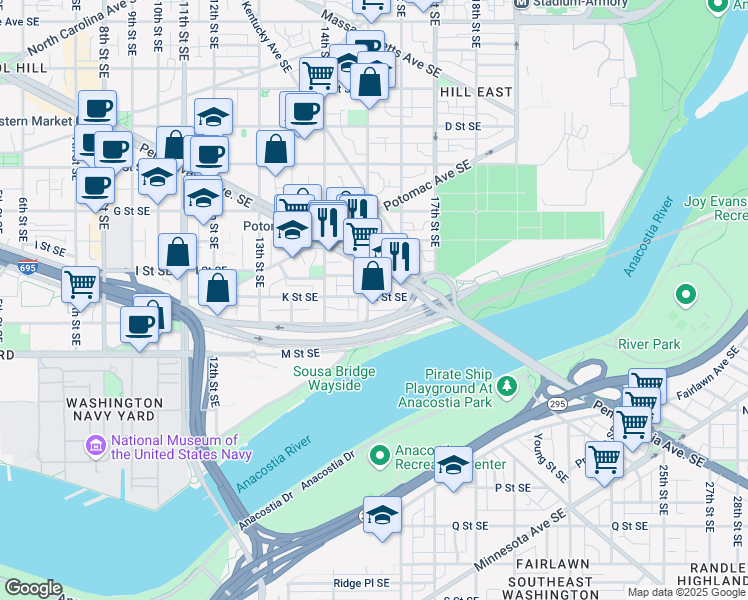 map of restaurants, bars, coffee shops, grocery stores, and more near 101 Independence Avenue Southeast in Washington