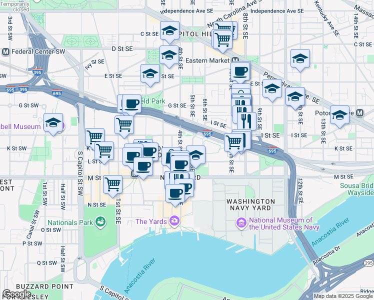 map of restaurants, bars, coffee shops, grocery stores, and more near 101 Independence Avenue Southeast in Washington