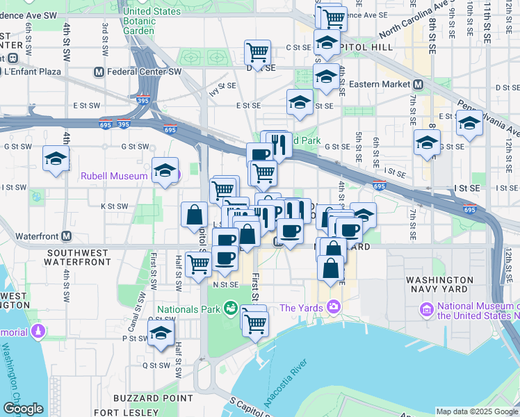 map of restaurants, bars, coffee shops, grocery stores, and more near 101 Independence Avenue Southeast in Washington