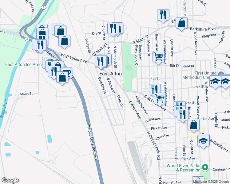 map of restaurants, bars, coffee shops, grocery stores, and more near 190 South Pence Street in East Alton