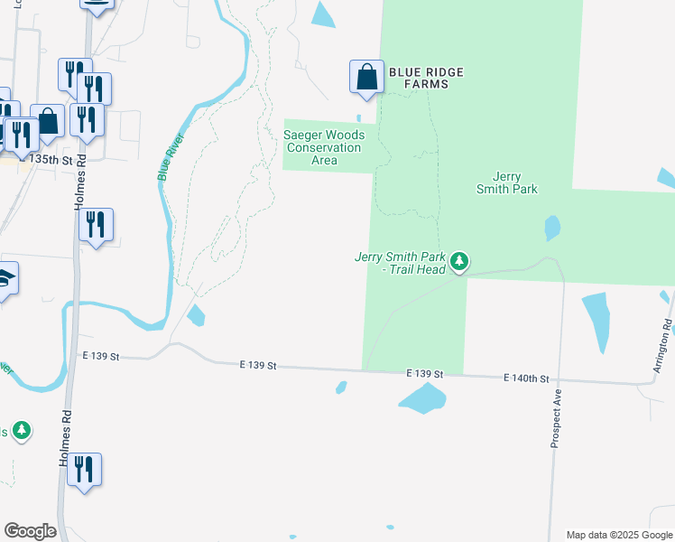 map of restaurants, bars, coffee shops, grocery stores, and more near 1500 East 139 Street in Kansas City