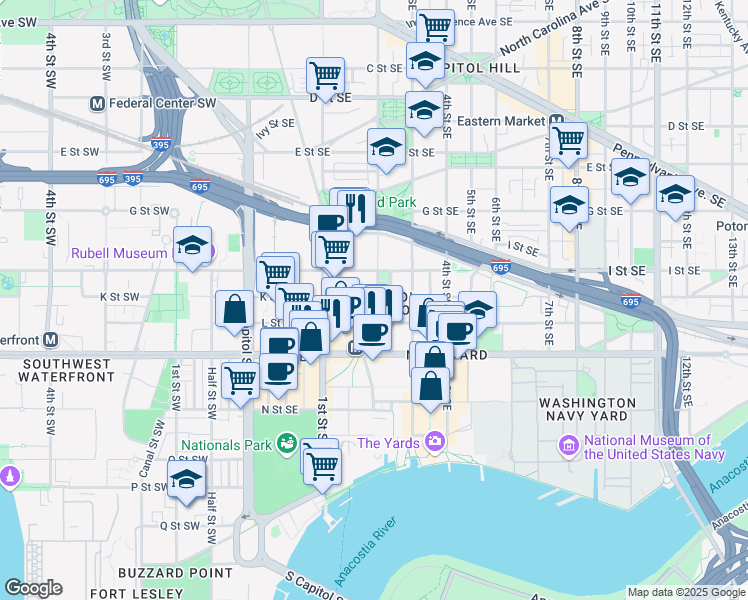 map of restaurants, bars, coffee shops, grocery stores, and more near 1013 2nd Street Southeast in Washington