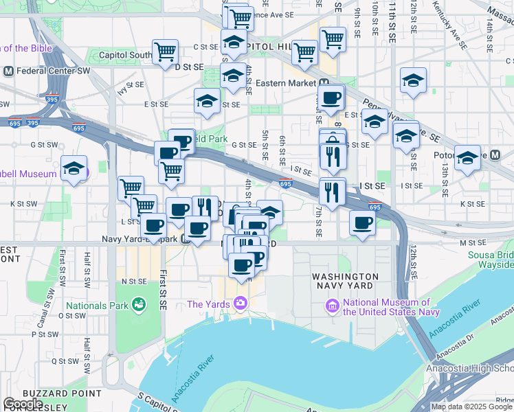 map of restaurants, bars, coffee shops, grocery stores, and more near 417 K Street Southeast in Washington
