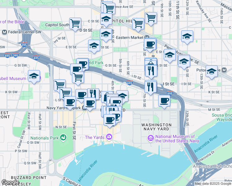 map of restaurants, bars, coffee shops, grocery stores, and more near 413 K Street Southeast in Washington