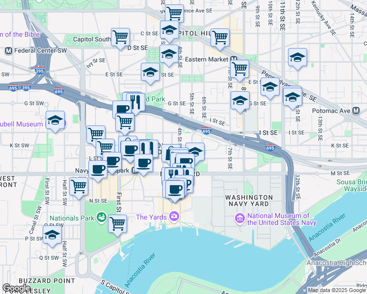 map of restaurants, bars, coffee shops, grocery stores, and more near 409 K Street Southeast in Washington