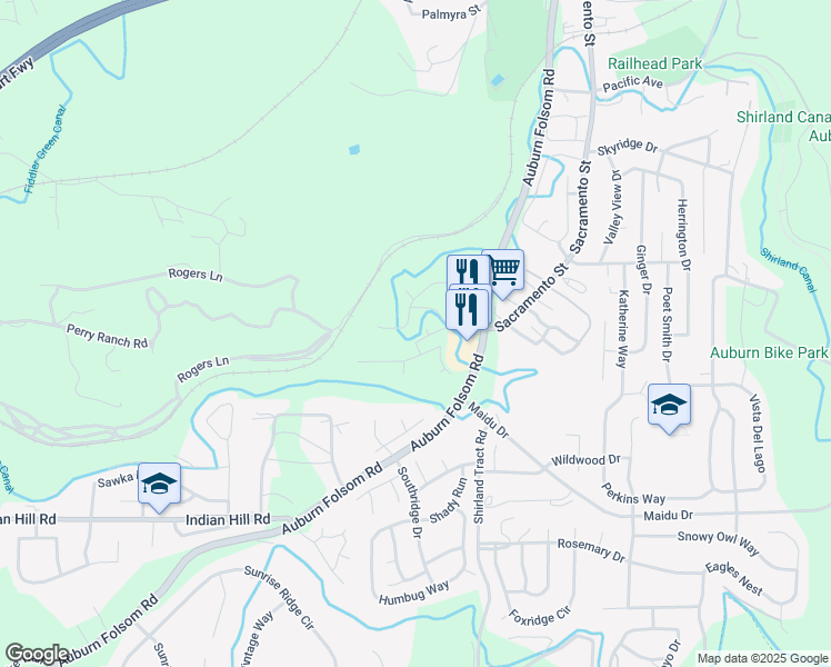map of restaurants, bars, coffee shops, grocery stores, and more near 10980 Oak View Terrace in Auburn