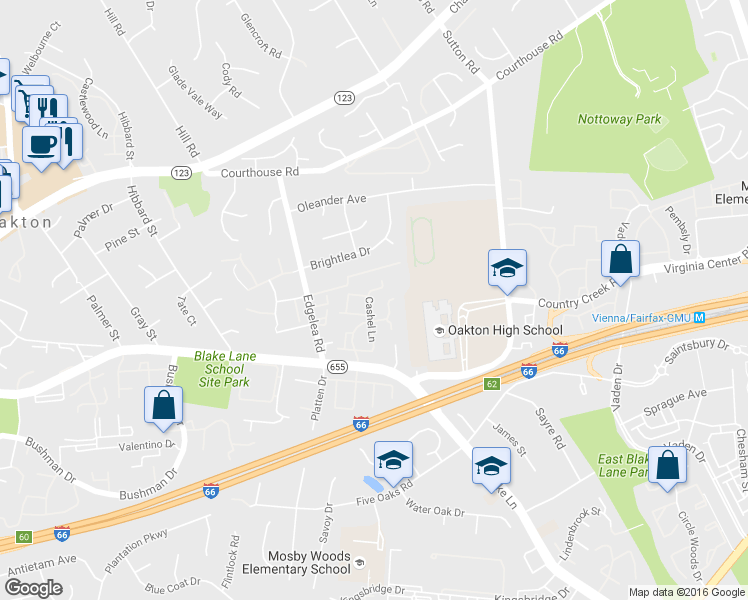 map of restaurants, bars, coffee shops, grocery stores, and more near 2925 Cashel Lane in Vienna