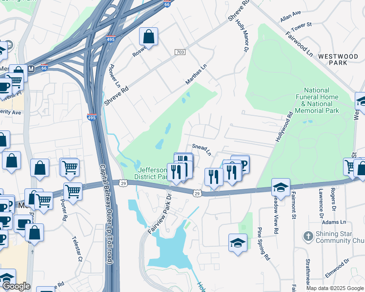map of restaurants, bars, coffee shops, grocery stores, and more near 2764 Hyson Lane in Falls Church