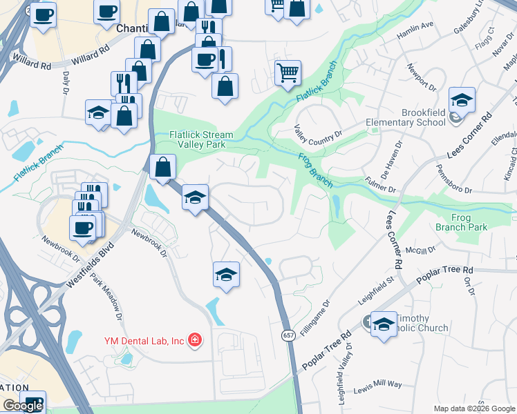 map of restaurants, bars, coffee shops, grocery stores, and more near 4551 Morningdale Drive in Chantilly