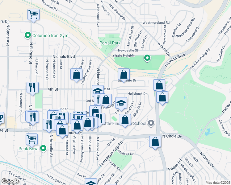 map of restaurants, bars, coffee shops, grocery stores, and more near 1402 Hollyhock Drive in Colorado Springs