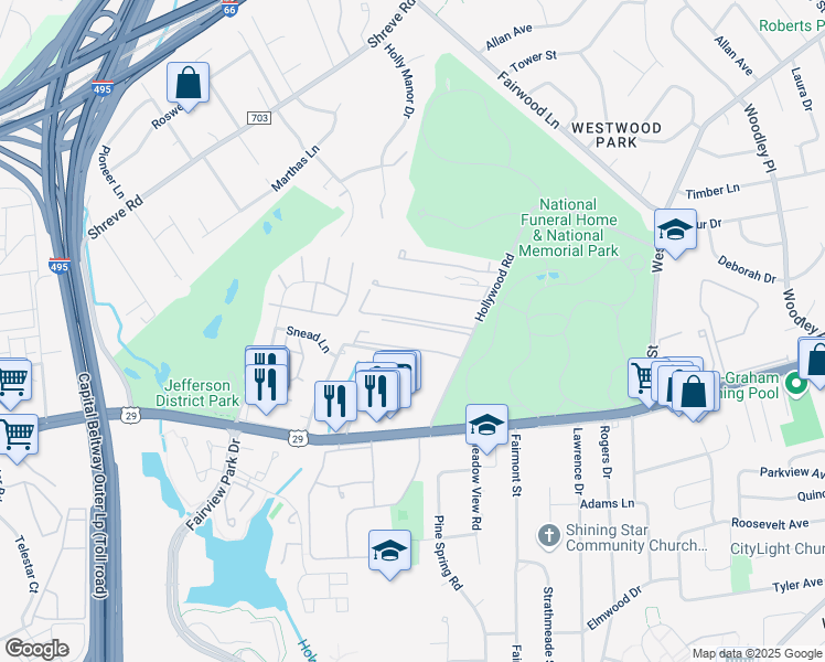 map of restaurants, bars, coffee shops, grocery stores, and more near 1806 Hollywood Road in Falls Church