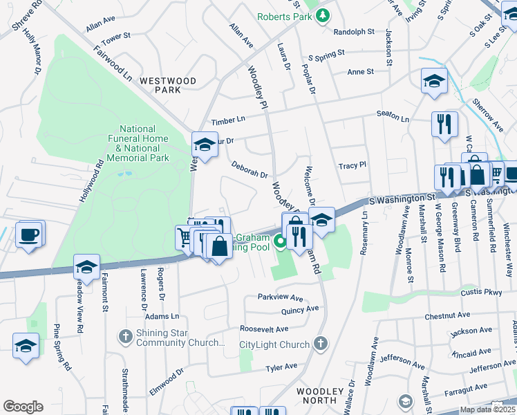 map of restaurants, bars, coffee shops, grocery stores, and more near 7372 Lee Highway in Falls Church