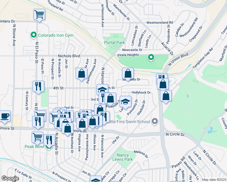 map of restaurants, bars, coffee shops, grocery stores, and more near 3125 North Hancock Avenue in Colorado Springs