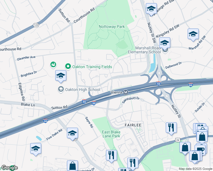 map of restaurants, bars, coffee shops, grocery stores, and more near 2816 Roesh Way in Vienna