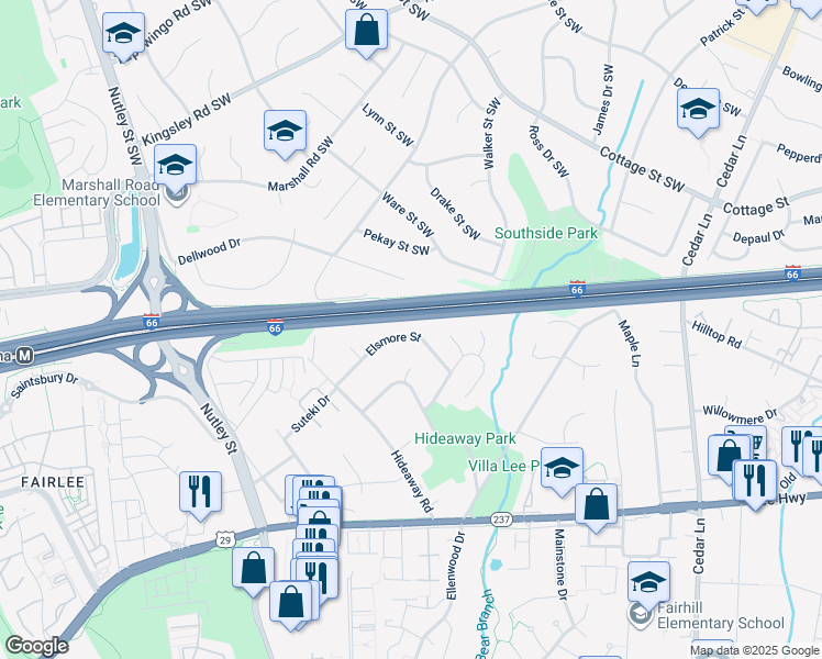 map of restaurants, bars, coffee shops, grocery stores, and more near 2809 Elsmore Street in Fairfax