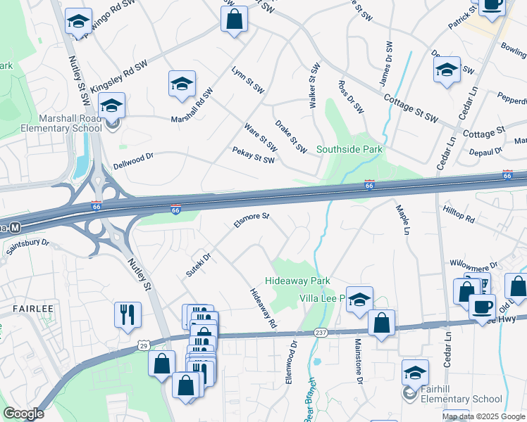 map of restaurants, bars, coffee shops, grocery stores, and more near 2809 Elsmore Street in Fairfax