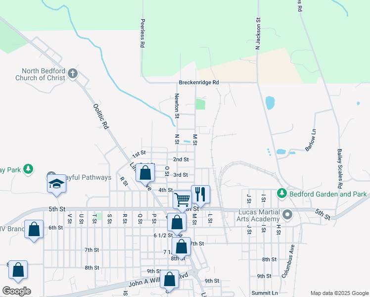 map of restaurants, bars, coffee shops, grocery stores, and more near 1312 1st Street in Bedford