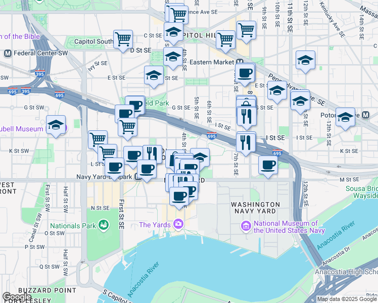 map of restaurants, bars, coffee shops, grocery stores, and more near 411 K Street Southeast in Washington