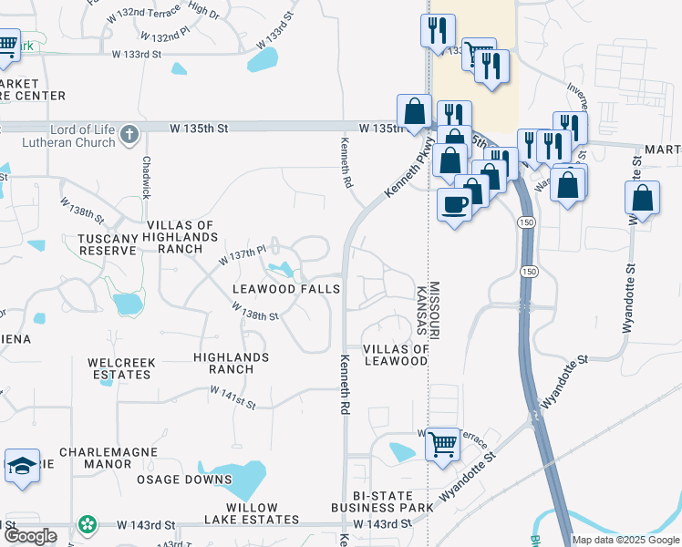 map of restaurants, bars, coffee shops, grocery stores, and more near 2108 West 138th Street in Leawood