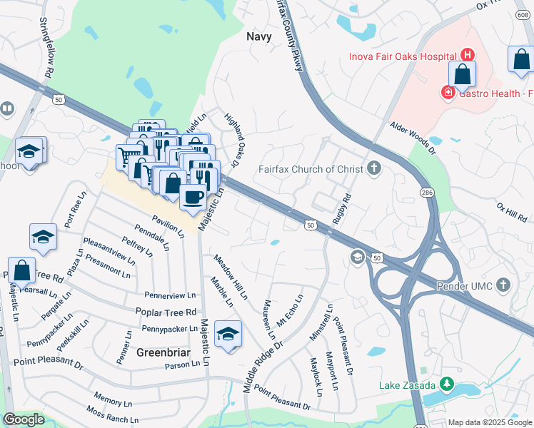 map of restaurants, bars, coffee shops, grocery stores, and more near 12909 U.S. 50 in Fairfax