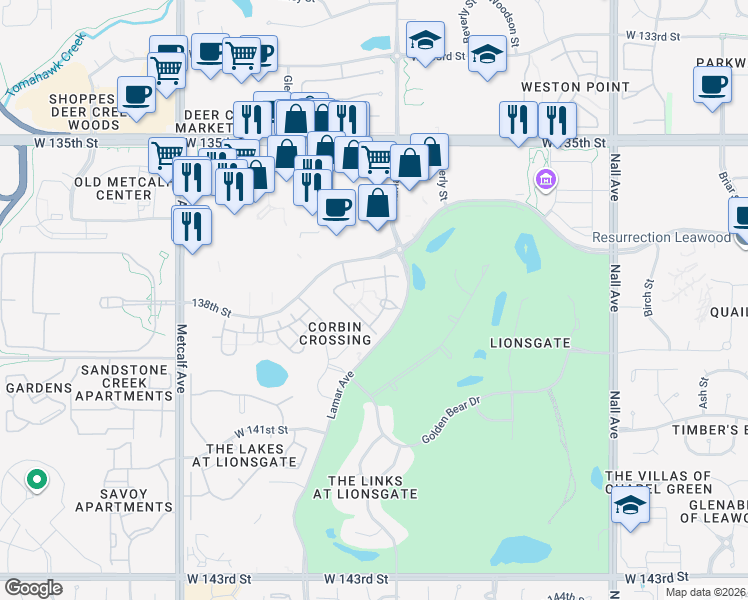 map of restaurants, bars, coffee shops, grocery stores, and more near 13820 Russell Street in Overland Park