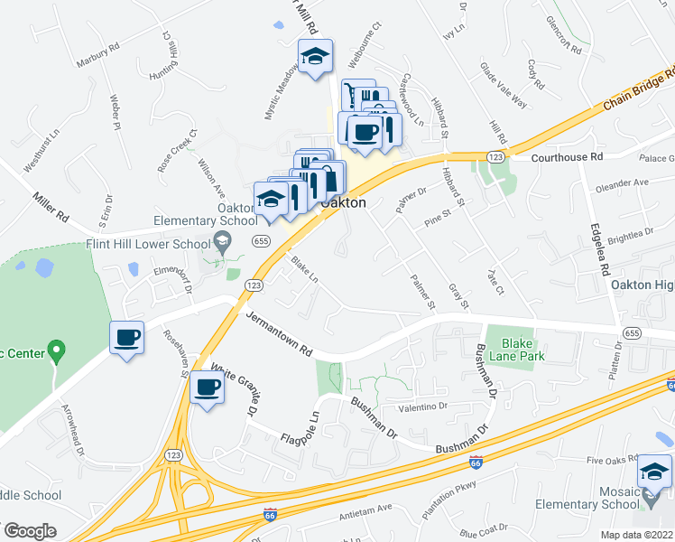 map of restaurants, bars, coffee shops, grocery stores, and more near 10274 Greenspire Drive in Oakton