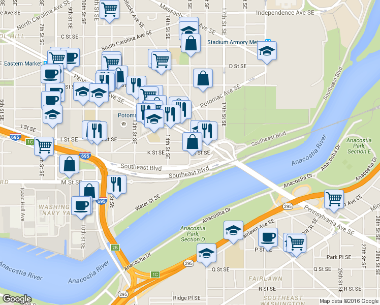 map of restaurants, bars, coffee shops, grocery stores, and more near K St SE & 15th St SE in Washington