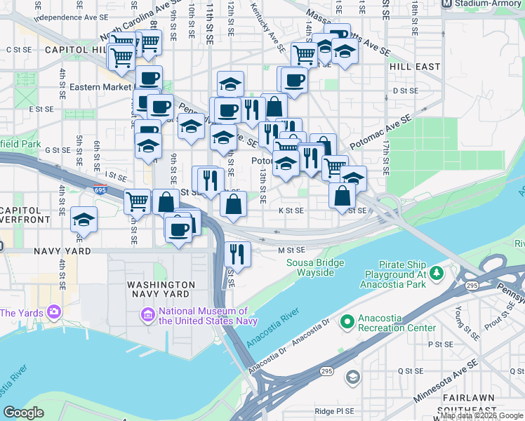 map of restaurants, bars, coffee shops, grocery stores, and more near K St SE & 13th St SE in Washington