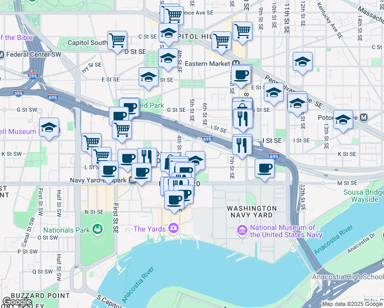 map of restaurants, bars, coffee shops, grocery stores, and more near 1001 5th Street Southeast in Washington