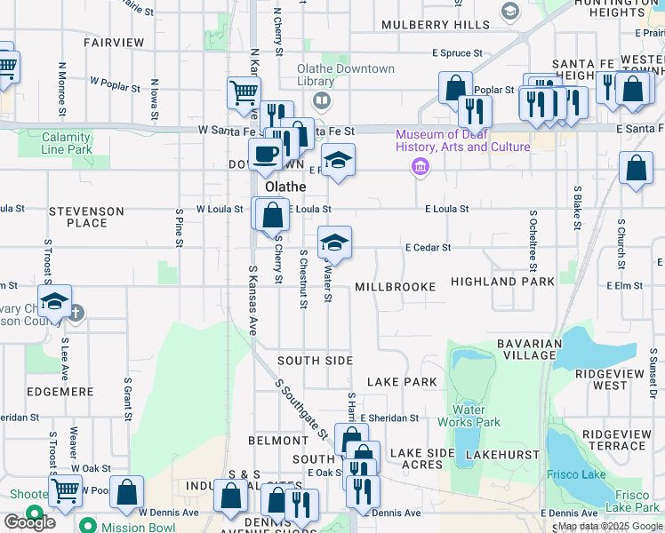 map of restaurants, bars, coffee shops, grocery stores, and more near 324 South Water Street in Olathe