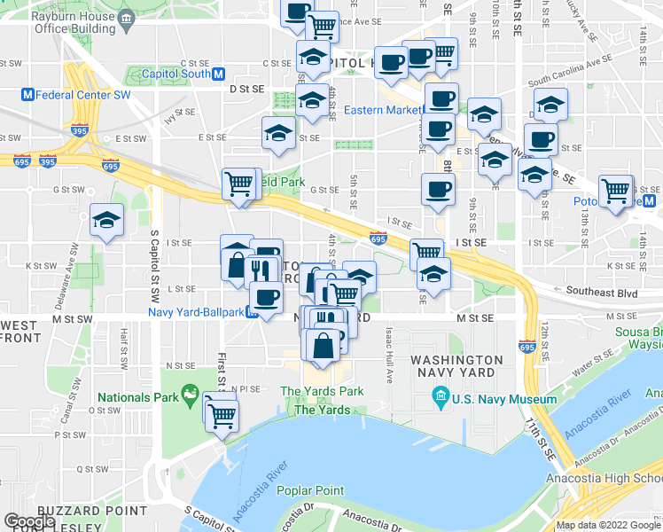 map of restaurants, bars, coffee shops, grocery stores, and more near K St SE & 4th St SE in Washington