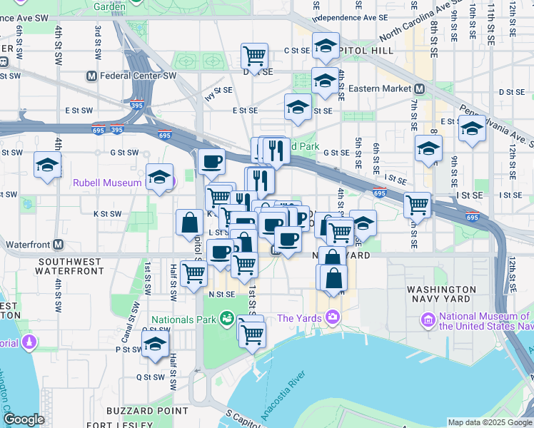 map of restaurants, bars, coffee shops, grocery stores, and more near 101 Independence Avenue Southeast in Washington