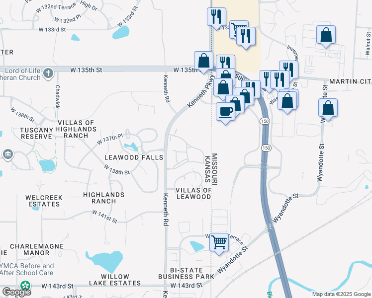 map of restaurants, bars, coffee shops, grocery stores, and more near 2040 137th Terrace in Leawood