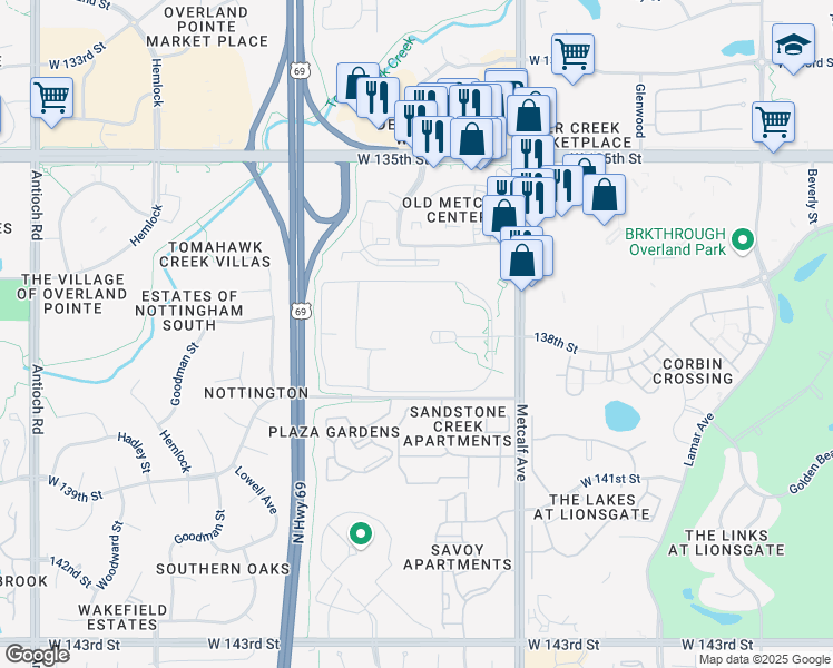 map of restaurants, bars, coffee shops, grocery stores, and more near 13750 Metcalf Avenue in Overland Park