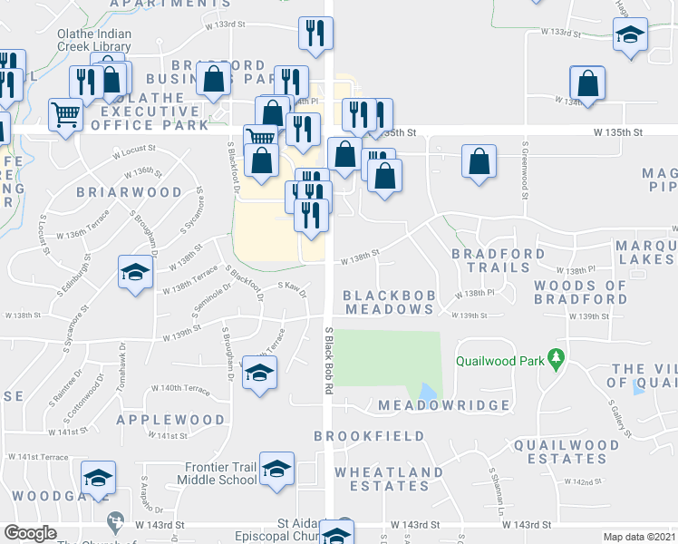 map of restaurants, bars, coffee shops, grocery stores, and more near 15061 West 138th Street in Olathe
