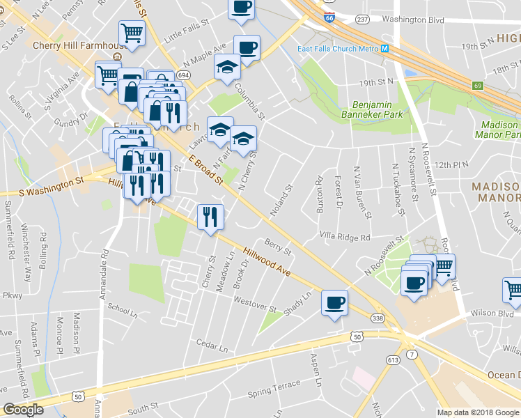 map of restaurants, bars, coffee shops, grocery stores, and more near 413 East Broad Street in Falls Church